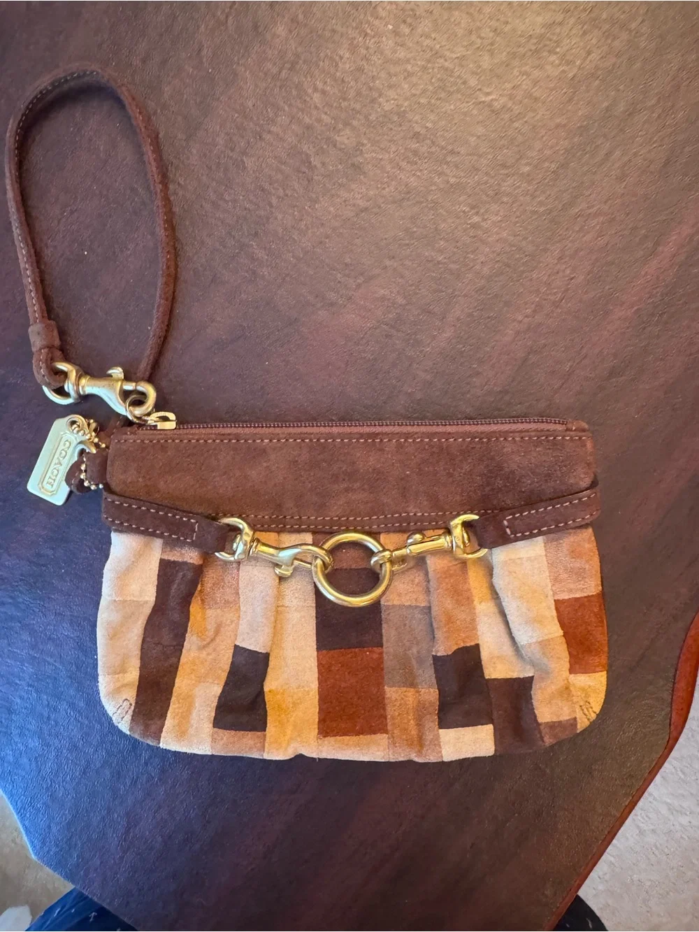 vintage Coach Hamptons Mosaic patchwork suede wristlet brown brass